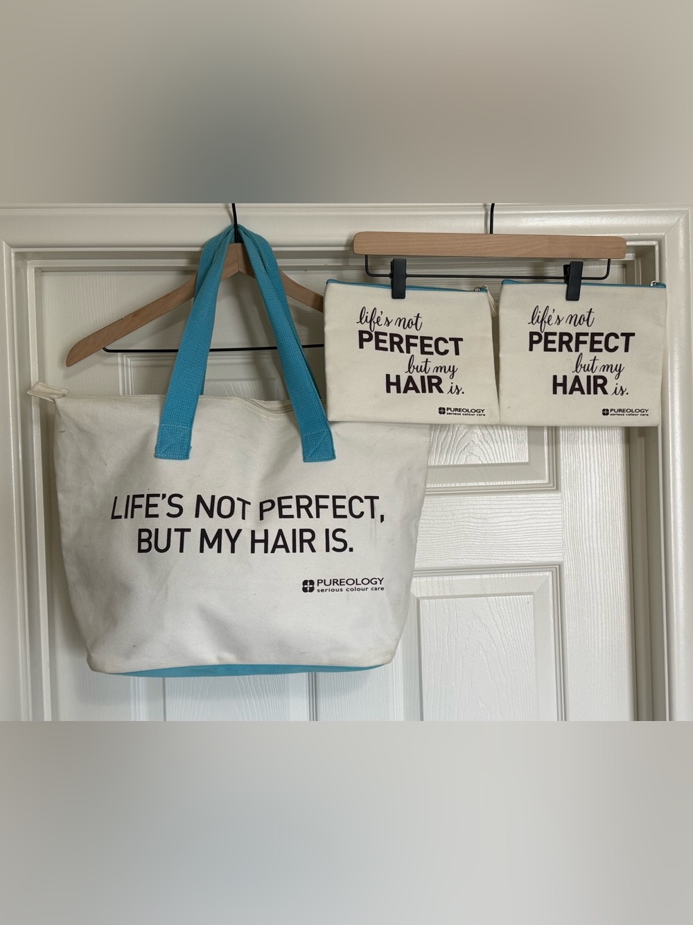 Pureology 3 Piece Canvas Tote & Cosmetic Bags Travel Set Turquoise Hairstylist